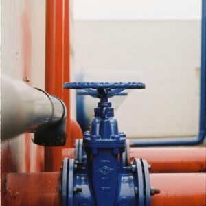 Close-up of a blue gate valve on red pipes, showcasing industrial plumbing.